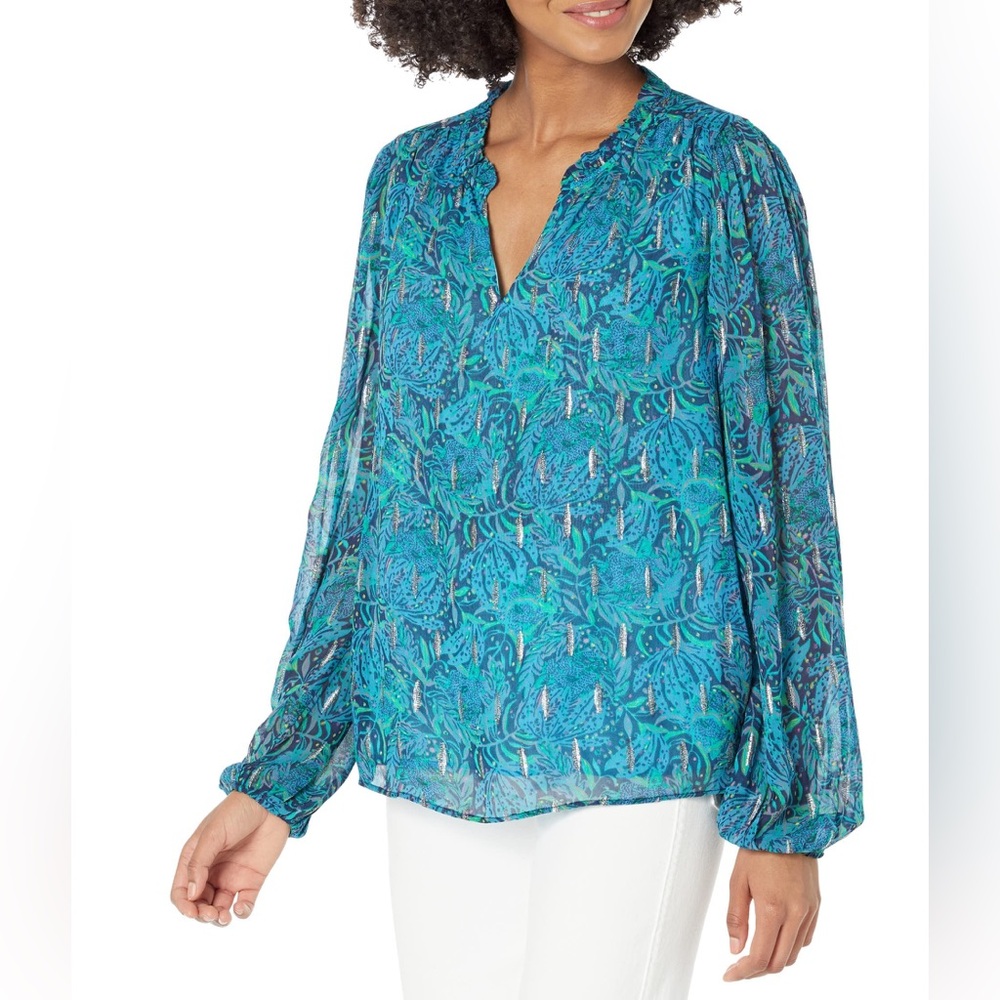 Lilly Pulitzer Giana Top Low Tide Navy Lil Catty Purrsonality Long Sleeve M